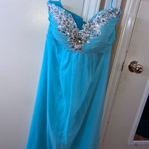 Turquoise strapless prom dress, long/medium length, only worn when trying it on.